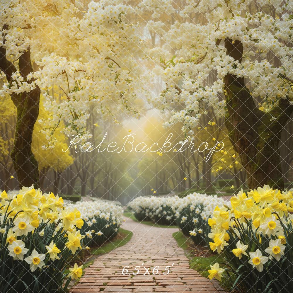 Kate Spring White and Yellow Flower Red Brick Path Backdrop Designed by GQ