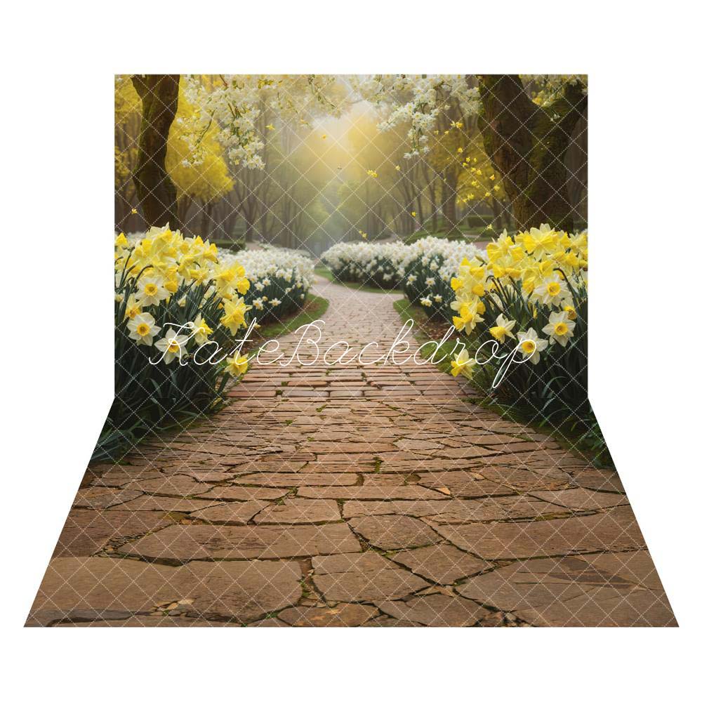 Kate Spring White and Yellow Flower Red Brick Path Backdrop+Summer Green Plant Brown Stone Path Floor Backdrop