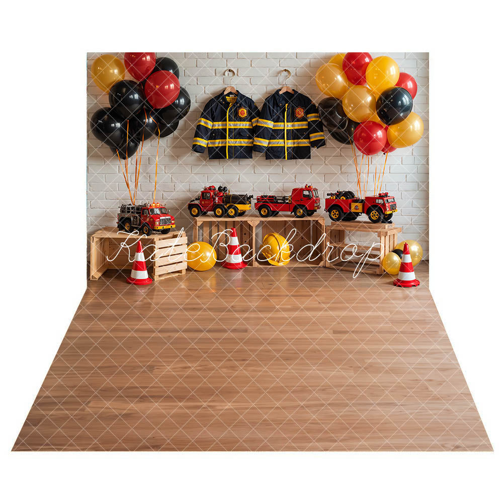 Kate Birthday Fire Fighting Theme Colorful Balloon Toy Car and Uniform White Brick Wall Backdrop+Light Brown Wooden Floor Backdrop
