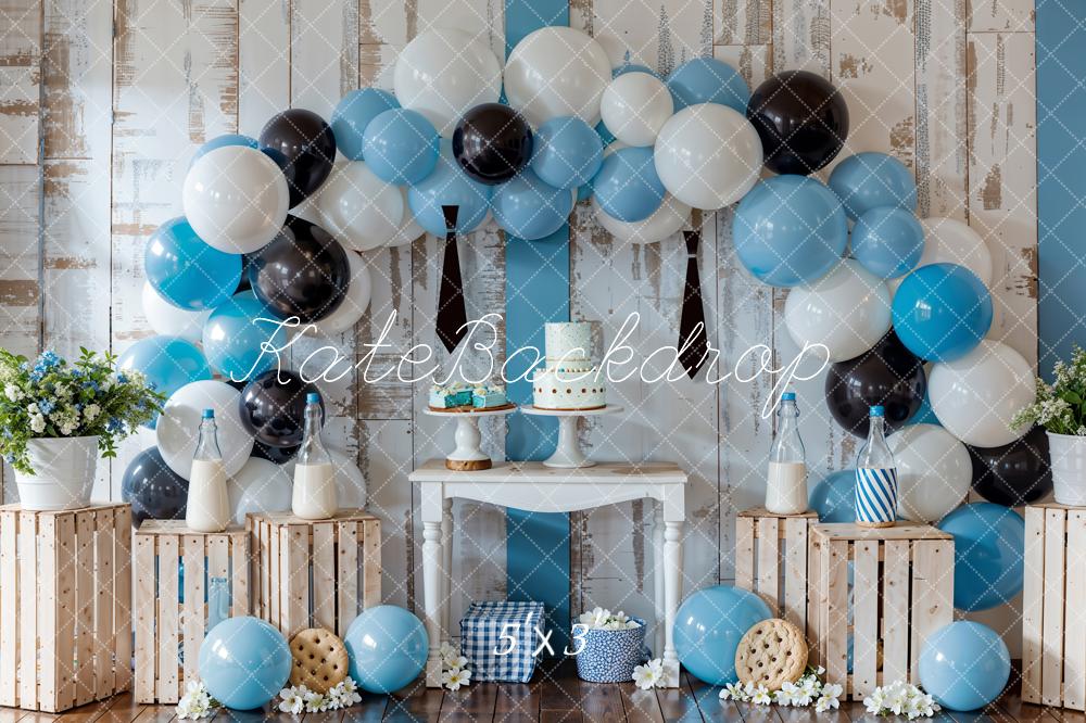 Kate Birthday Black Tie Milk Bottle Cake Smash Cookie Colorful Balloon Arch Wooden Wall Backdrop Designed by GQ