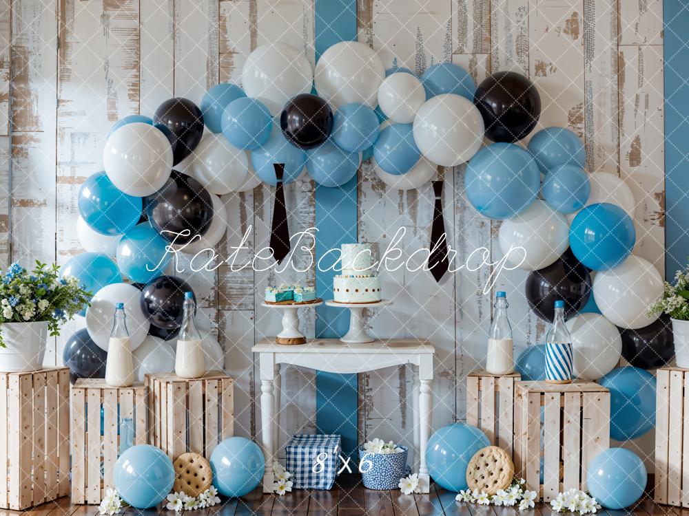 Kate Birthday Black Tie Milk Bottle Cake Smash Cookie Colorful Balloon Arch Wooden Wall Backdrop Designed by GQ