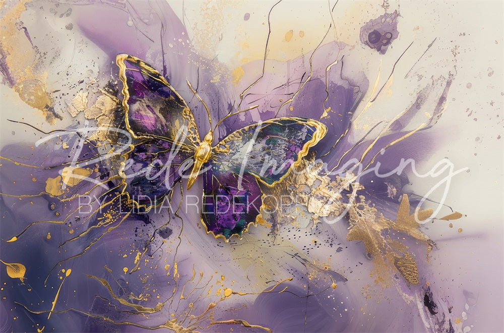 Kate Abstract Purple Fine Art Graffiti Butterfly Beige Broken Wall Backdrop Designed by Lidia Redekopp