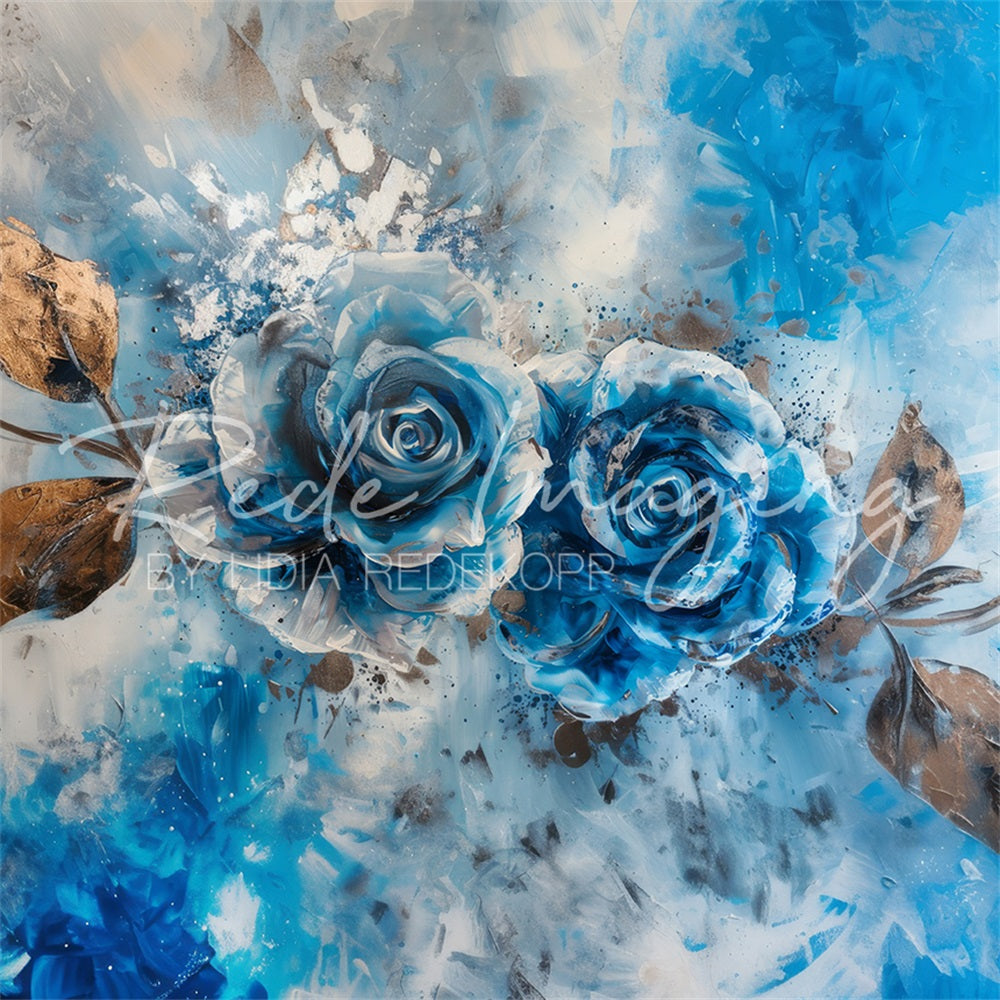 Kate Abstract Fine Art Blue and Silver Graffiti Rose Wall Backdrop Designed by Lidia Redekopp
