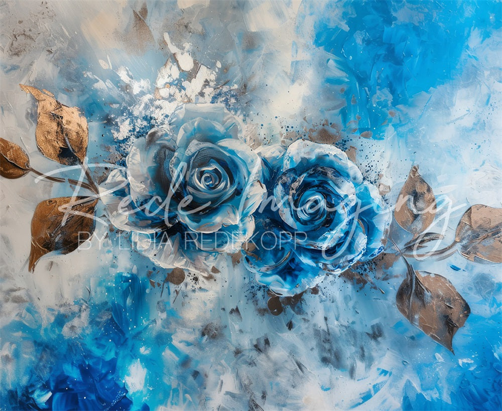 Kate Abstract Fine Art Blue and Silver Graffiti Rose Wall Backdrop Designed by Lidia Redekopp