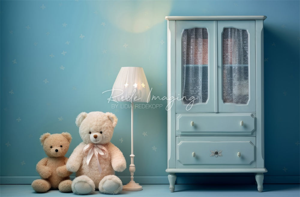 Kate White Lamp Blue Cabinet Teddy Bear Floral Wall Backdrop Designed by Lidia Redekopp