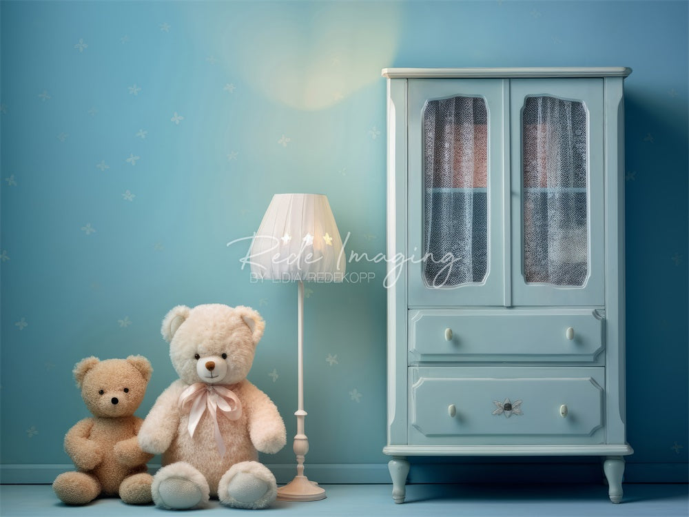 Kate White Lamp Blue Cabinet Teddy Bear Floral Wall Backdrop Designed by Lidia Redekopp