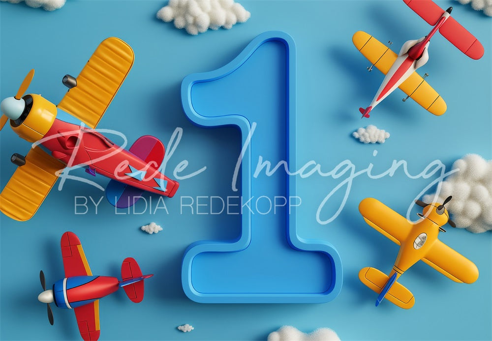Lightning Deal #3 Kate Fine Art Cartoon Colorful Airplane White Cloud Blue One Sign Wall Backdrop Designed by Lidia Redekopp