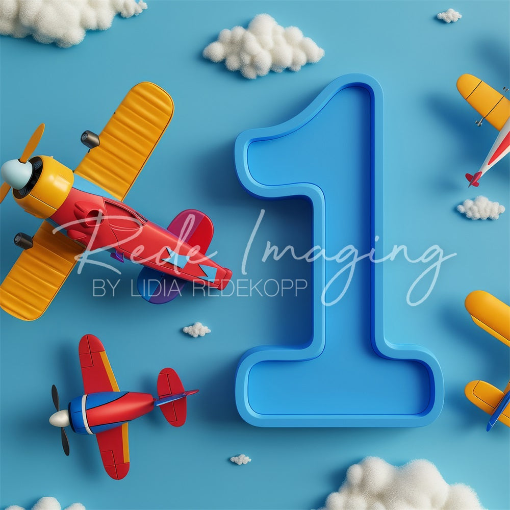 Kate Fine Art Cartoon Colorful Airplane White Cloud Blue One Sign Wall Backdrop Designed by Lidia Redekopp