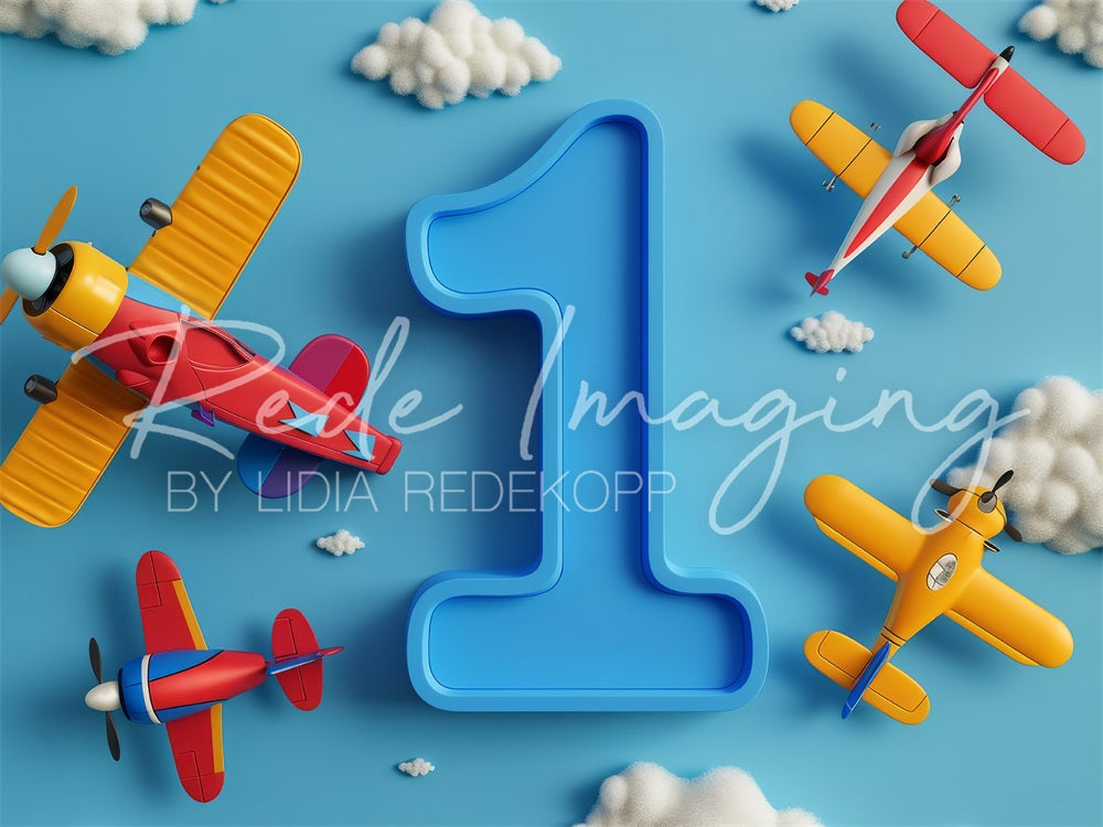 Kate Fine Art Cartoon Colorful Airplane White Cloud Blue One Sign Wall Backdrop Designed by Lidia Redekopp