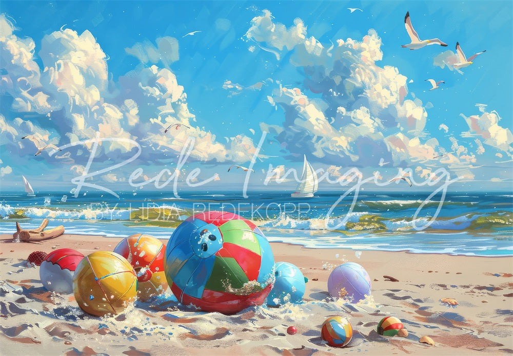 Kate Summer Fine Art Cartoon Sea Colorful Beach Ball White Sailboat Seagull Wave Backdrop Designed by Lidia Redekopp