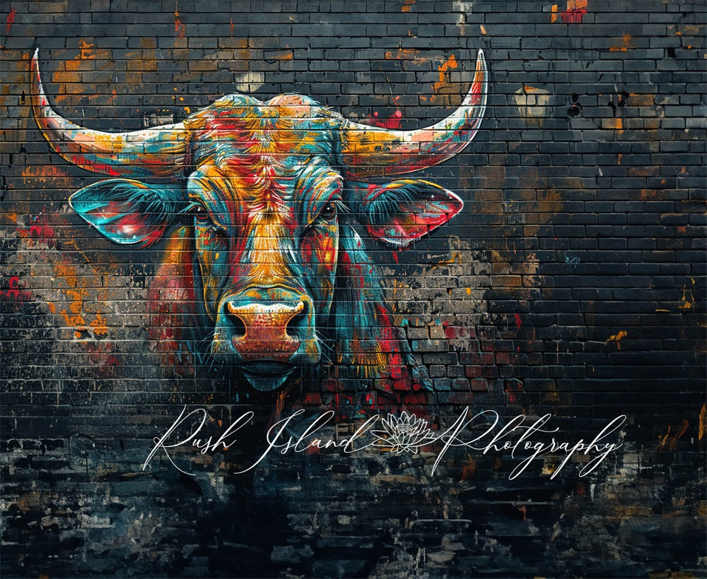 Kate Vivid Colorful Graffiti Bull Black Brick Wall Backdrop Designed by Laura Bybee