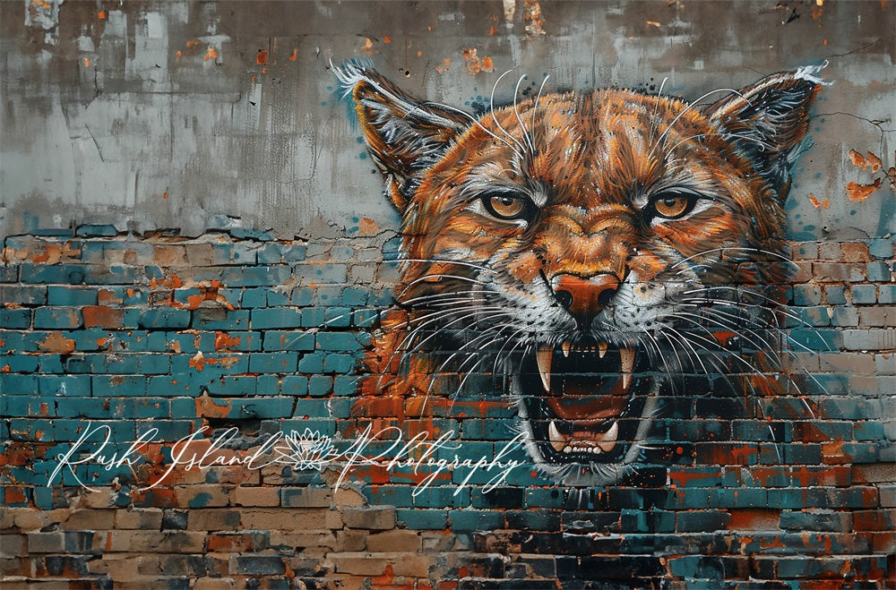 Kate Fine Art Orange Fierce Cougar Graffiti Retro Dark Green and Gray Broken Brick Wall Backdrop Designed by Laura Bybee