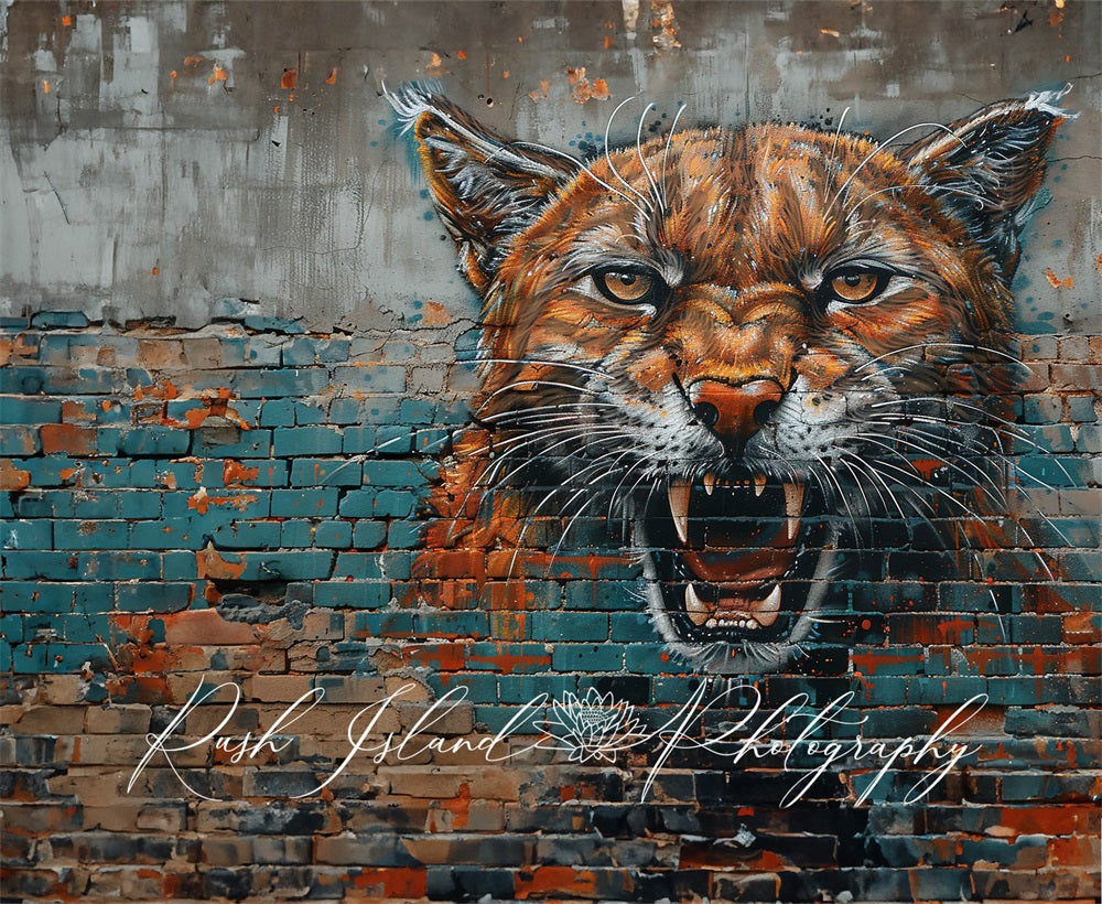 Kate Fine Art Orange Fierce Cougar Graffiti Retro Dark Green and Gray Broken Brick Wall Backdrop Designed by Laura Bybee