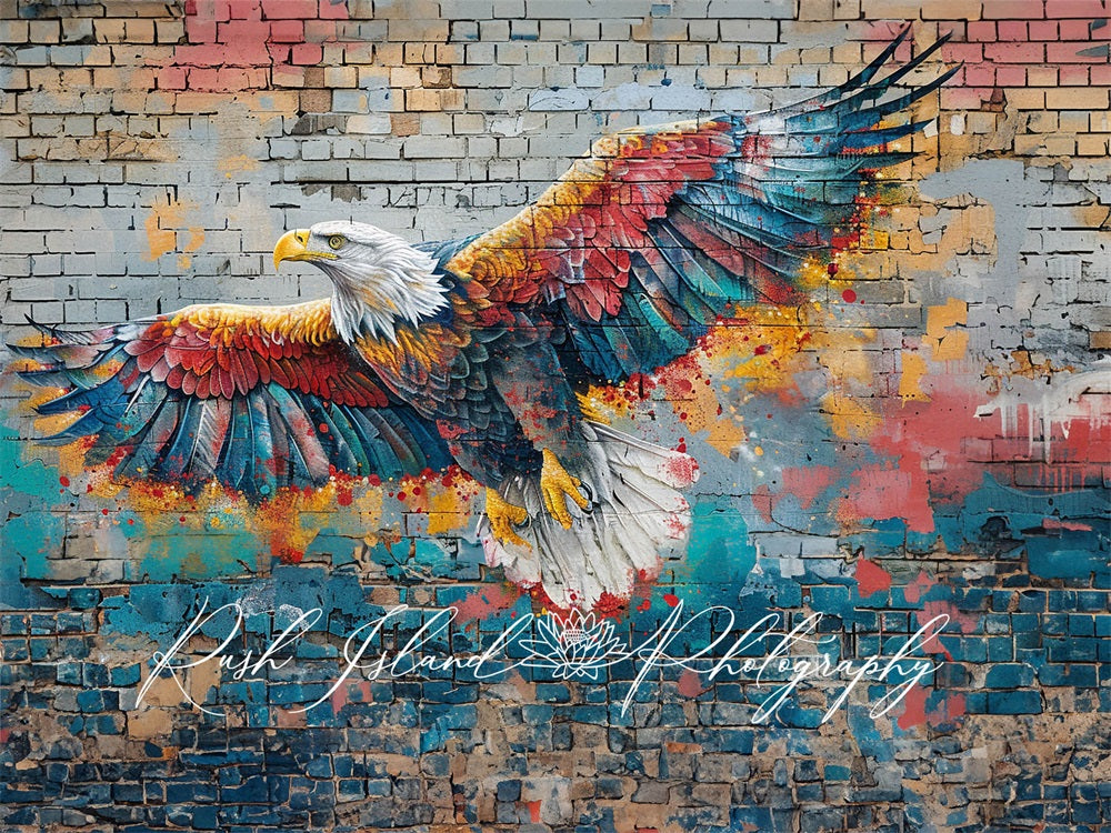 Kate Fine Art Colorful Winged Bald Eagle Graffiti Vintage Broken Brick Wall Backdrop Designed by Laura Bybee