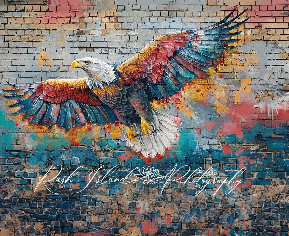 Kate Fine Art Colorful Winged Bald Eagle Graffiti Vintage Broken Brick Wall Backdrop Designed by Laura Bybee
