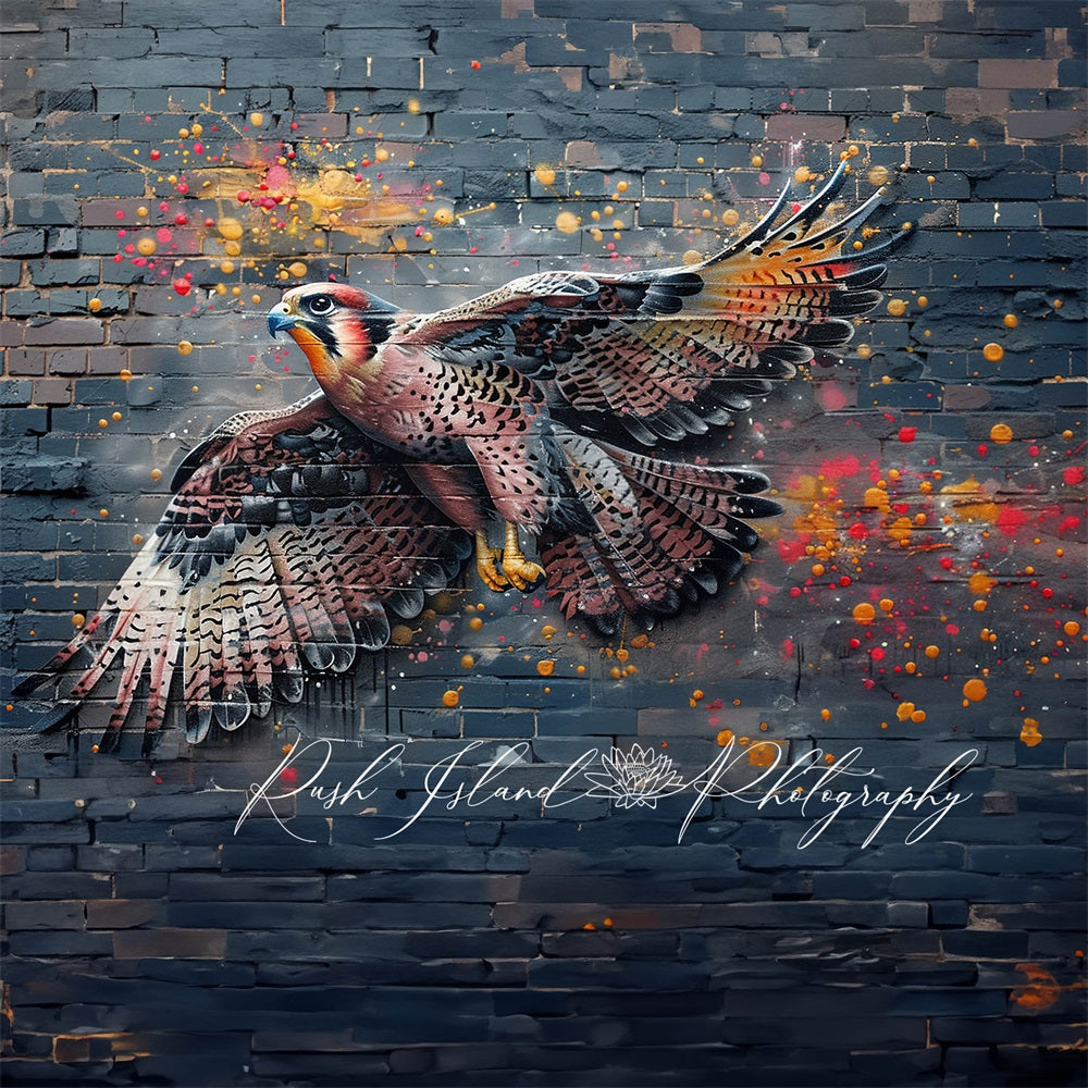 Kate Vivid and Colorful Flying Falcon Graffiti Black Broken Brick Wall Backdrop Designed by Laura Bybee