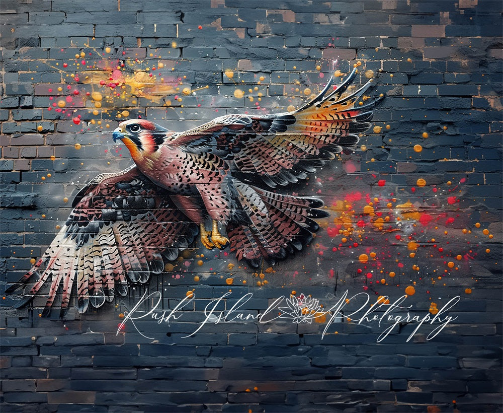 Kate Vivid and Colorful Flying Falcon Graffiti Black Broken Brick Wall Backdrop Designed by Laura Bybee