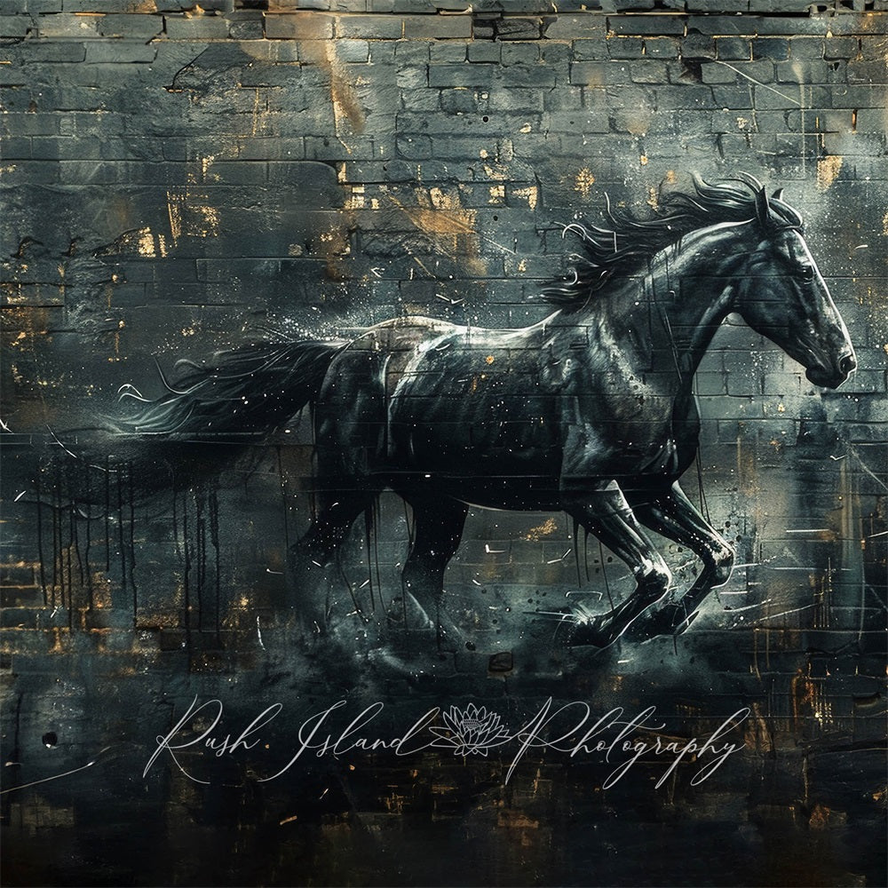 Kate Black Cool Running Horse Graffiti Retro Brick Wall Backdrop Designed by Laura Bybee