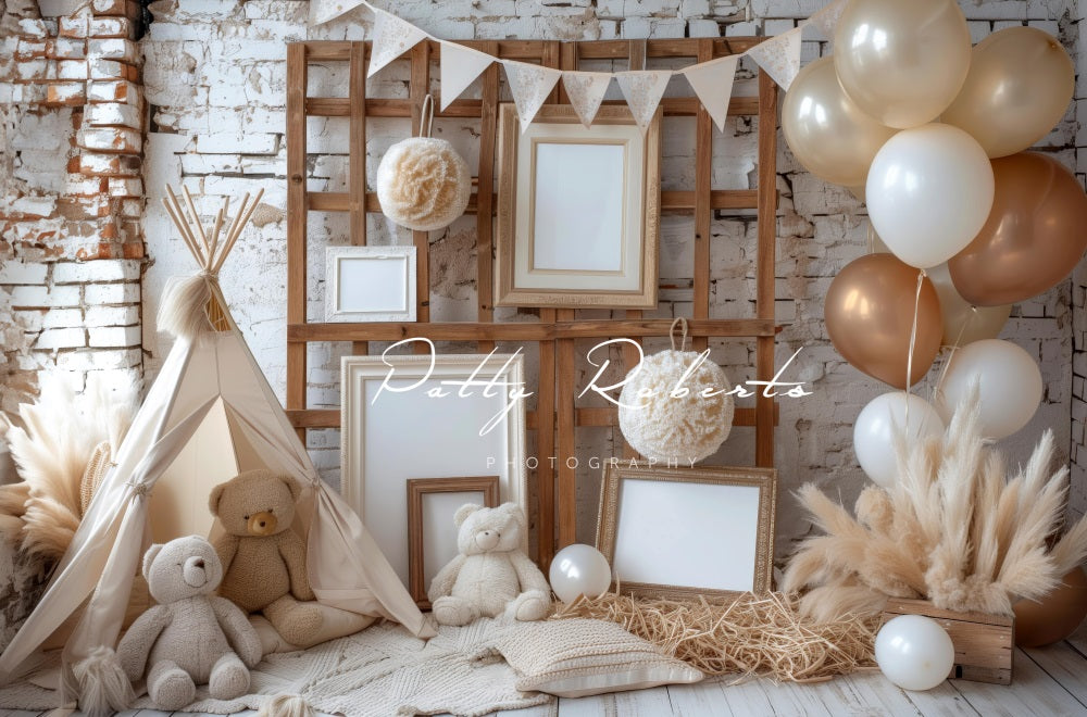Kate Boho White and Brown Teddy Bear Wooden Frame Colorful Balloon Broken Brick Wall Backdrop Designed by Patty Robert