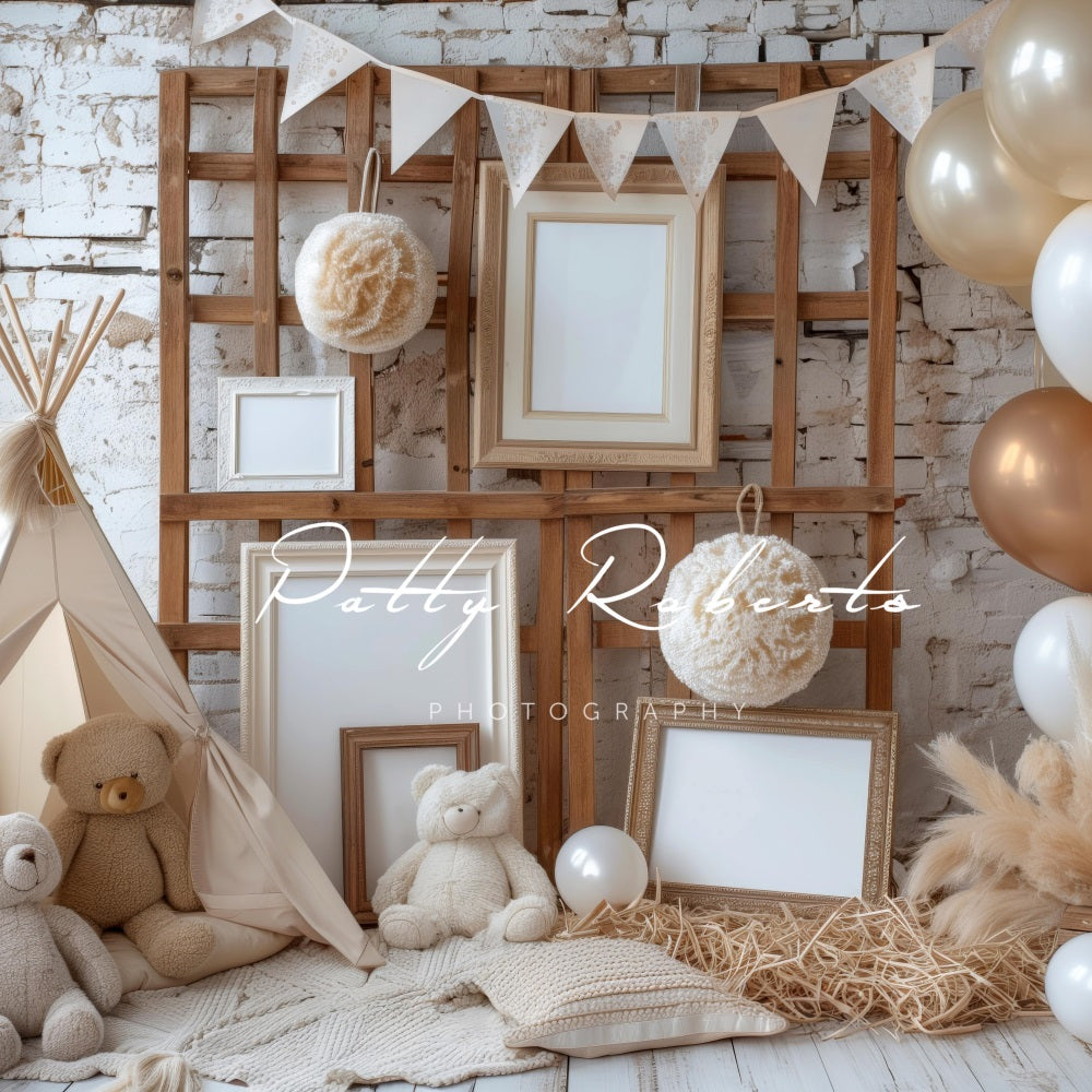 Kate Boho White and Brown Teddy Bear Wooden Frame Colorful Balloon Broken Brick Wall Backdrop Designed by Patty Robert