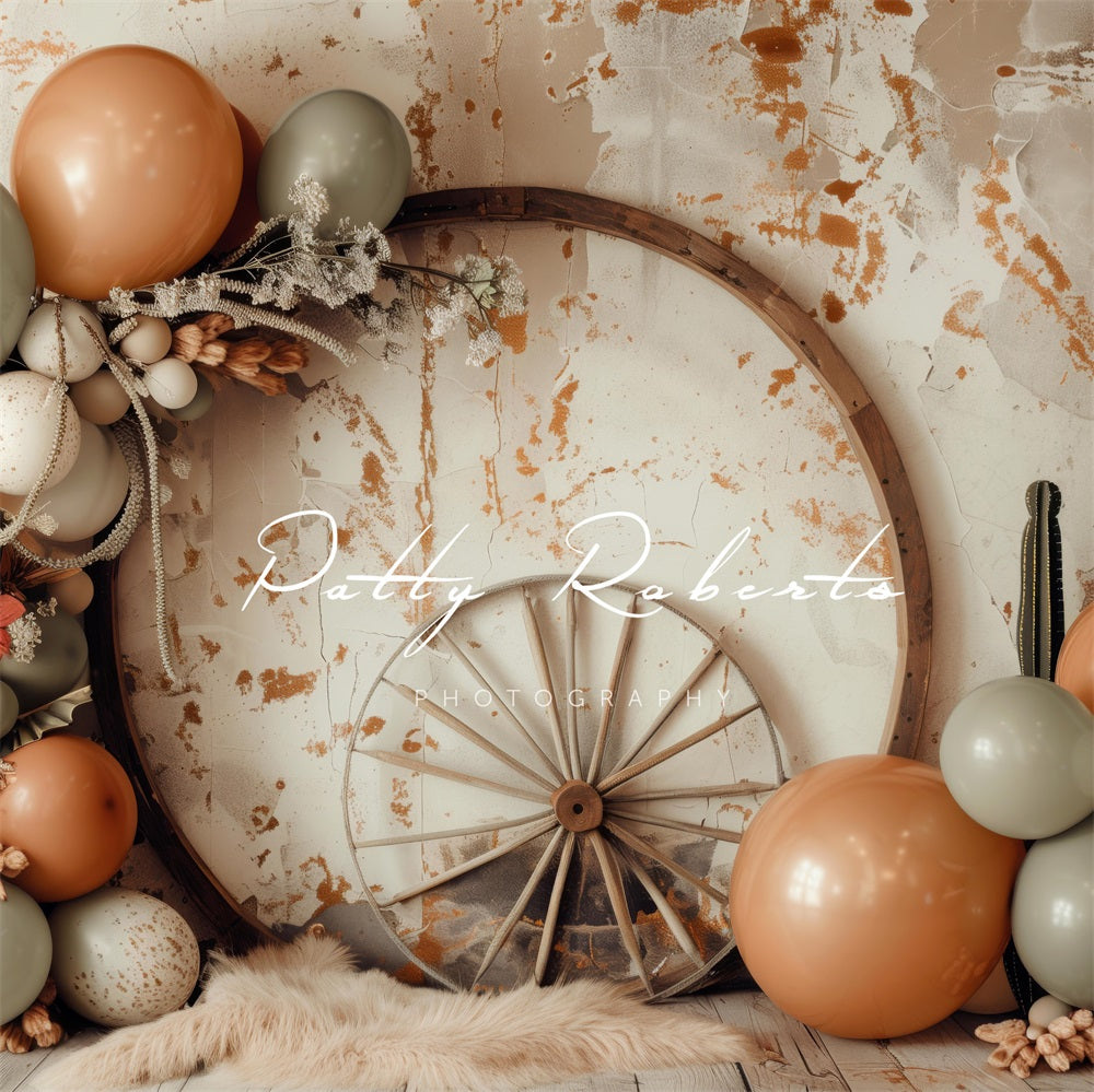 Kate Boho Wild West Colorful Balloon Brown Circle Wooden Wheel White Broken Wall Backdrop Designed by Patty Robert