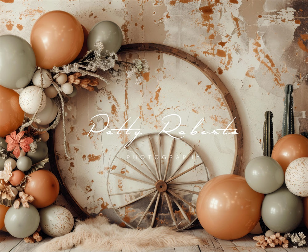 Kate Boho Wild West Colorful Balloon Brown Circle Wooden Wheel White Broken Wall Backdrop Designed by Patty Robert