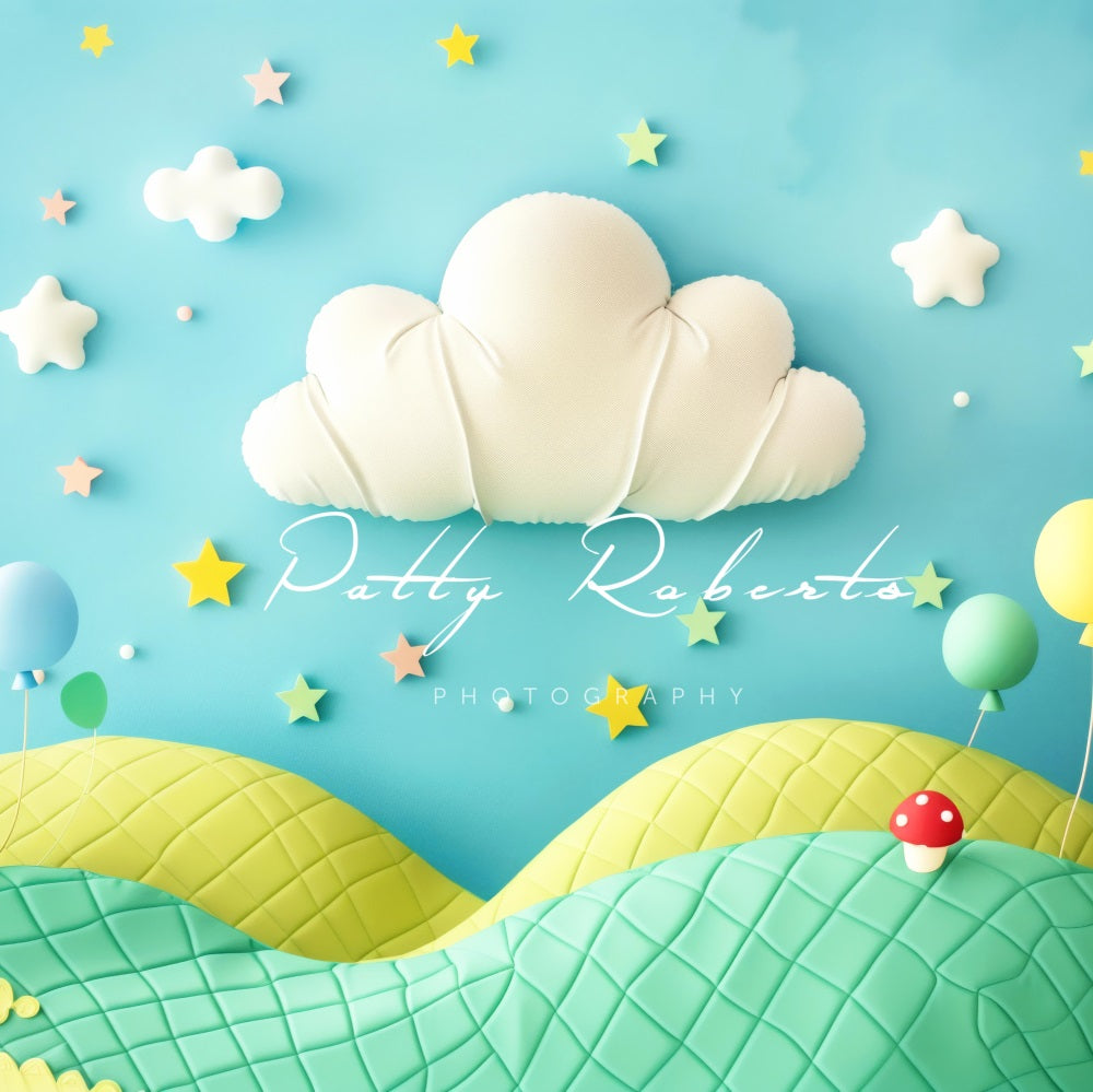 Kate 3D Cartoon Green Yellow Field White Cloud Red Mushroom Colorful Balloon and Star Backdrop Designed by Patty Robert