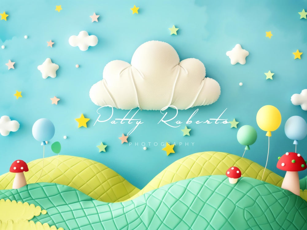 Kate 3D Cartoon Green Yellow Field White Cloud Red Mushroom Colorful Balloon and Star Backdrop Designed by Patty Robert