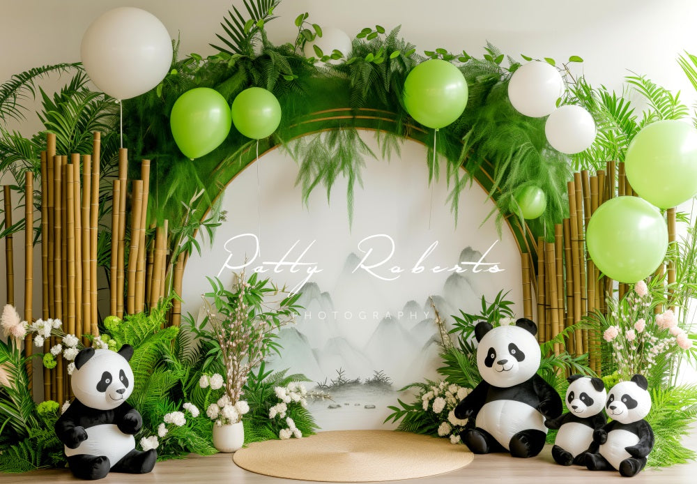 Kate Colorful Flower and Balloon Green Bamboo Arch Cute Panda Backdrop Designed by Patty Robert