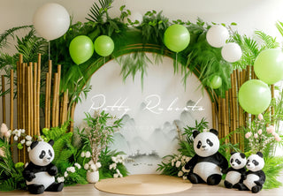 Kate Colorful Flower and Balloon Green Bamboo Arch Cute Panda Printed Backdrop Designed by Patty Robert