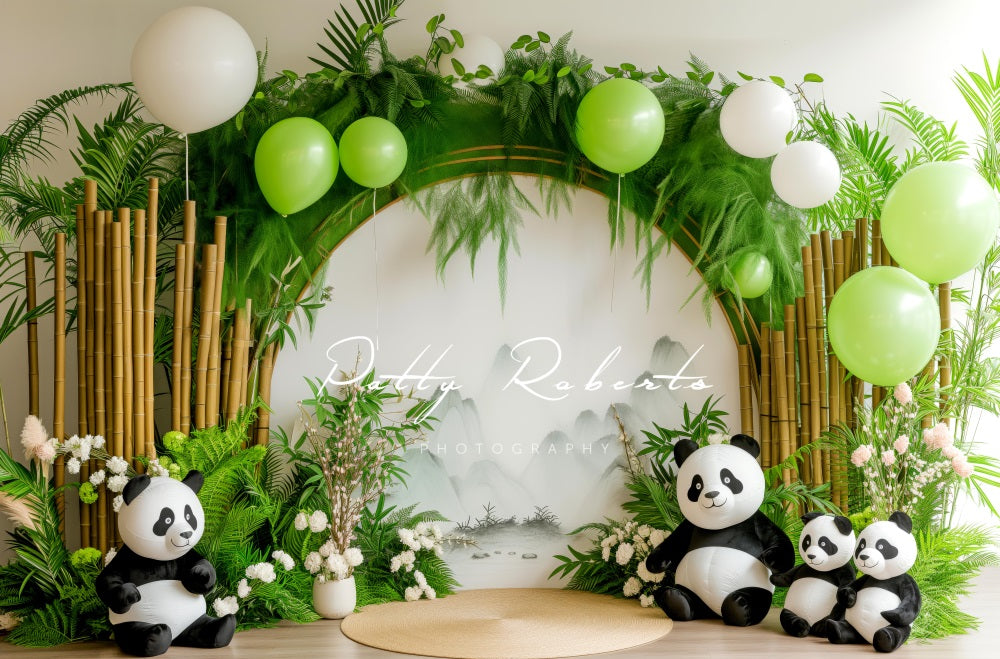 Kate Colorful Flower and Balloon Green Bamboo Arch Cute Panda Backdrop Designed by Patty Robert
