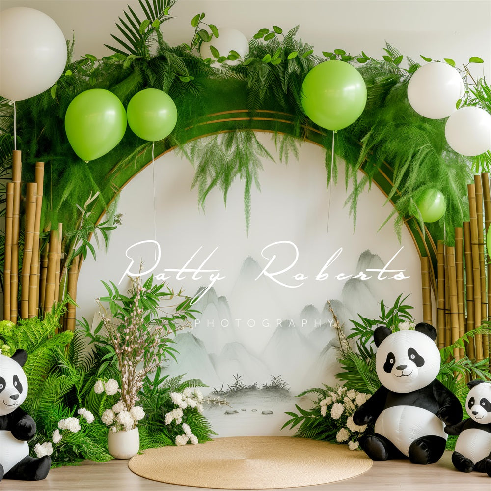 Kate Colorful Flower and Balloon Green Bamboo Arch Cute Panda Backdrop Designed by Patty Robert