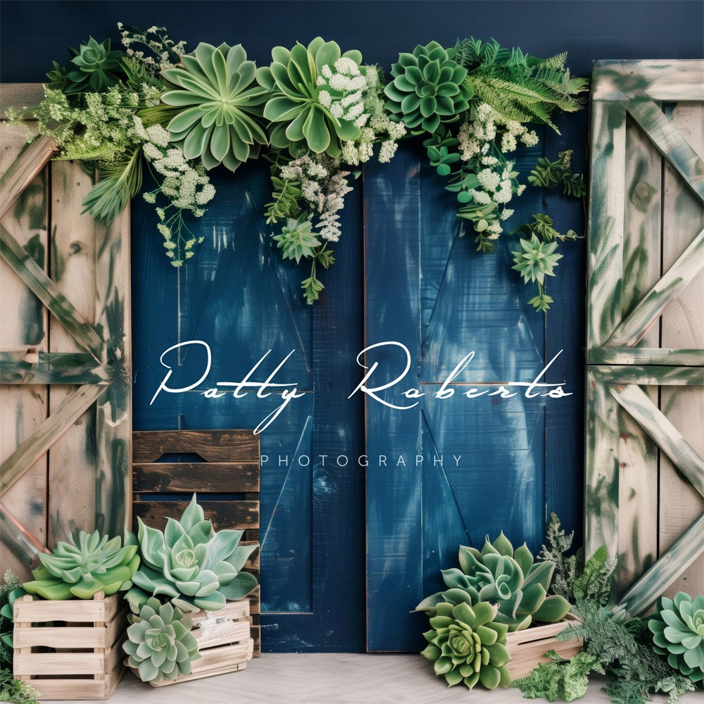 Kate Summer Green Plant White Flower Brown Wall Dark Blue Wooden Door Backdrop Designed by Patty Robert