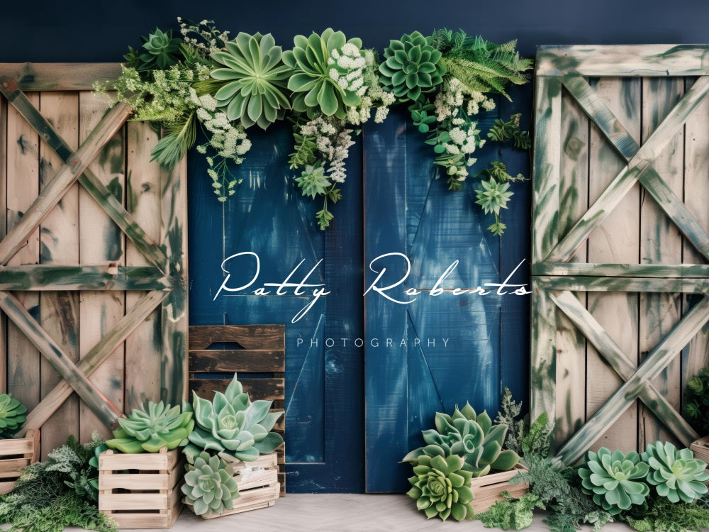 Kate Summer Green Plant White Flower Brown Wall Dark Blue Wooden Door Backdrop Designed by Patty Robert