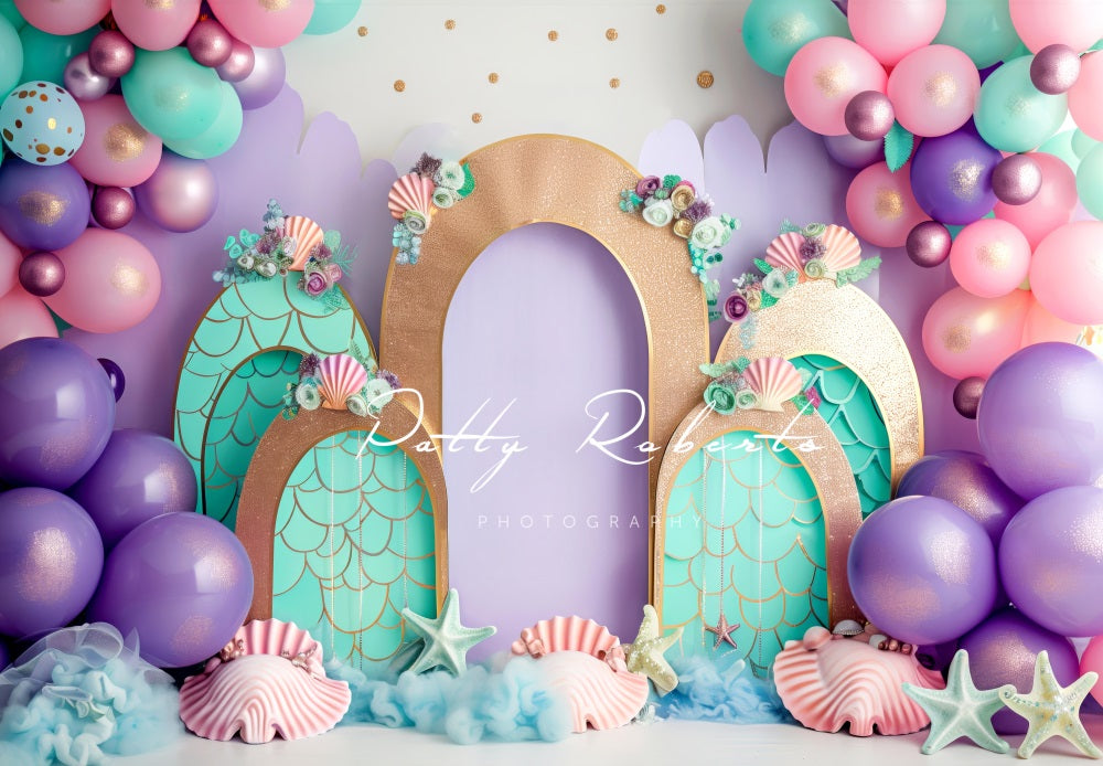 Kate Birthday Mermaid Colorful Balloon Arch Cake Smash Backdrop Designed by Patty Robert