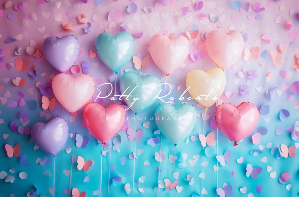 Kate Sweet Colorful Heart Balloon and Butterfly Pink Blue Gradient Wall Backdrop Designed by Patty Robert