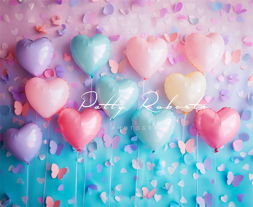 Kate Sweet Colorful Heart Balloon and Butterfly Pink Blue Gradient Wall Backdrop Designed by Patty Robert