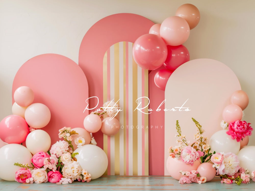 Kate Fine Art Colorful Flower Pink Balloon Arch Beige Wall Backdrop Designed by Patty Robert