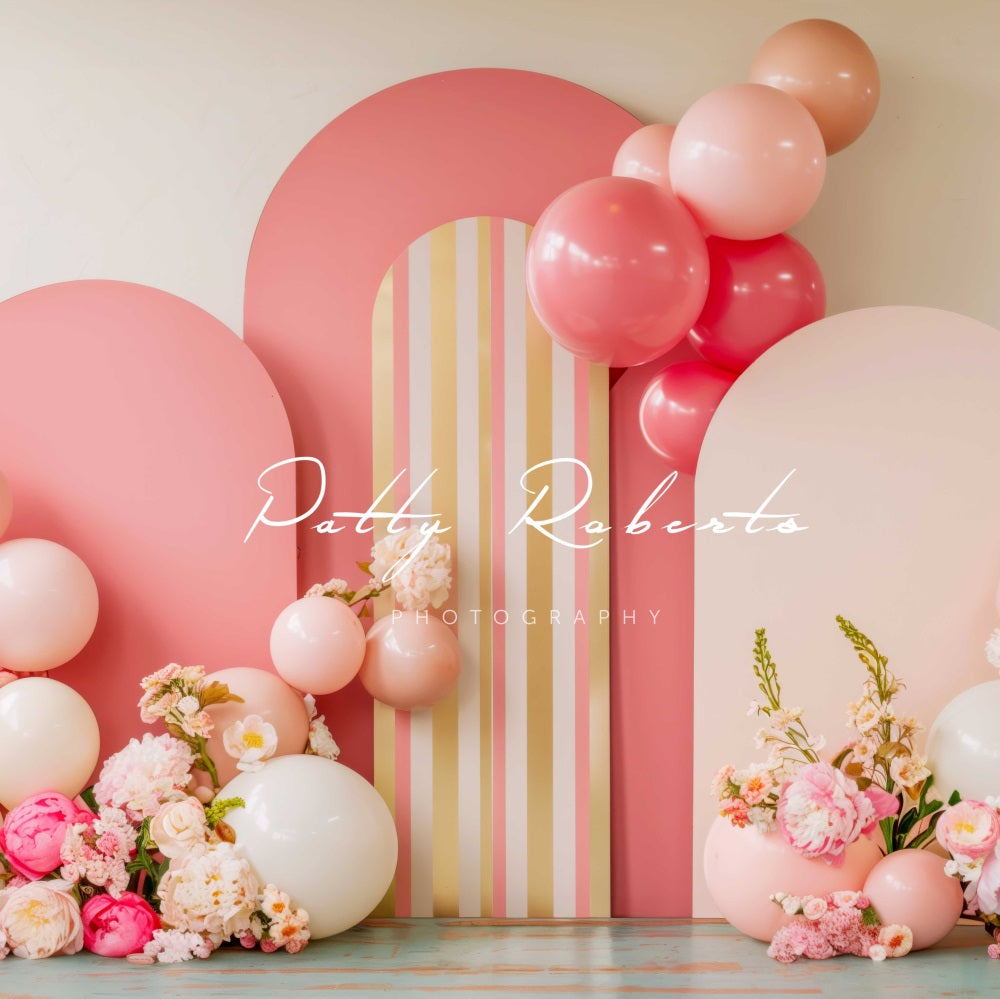 Kate Fine Art Colorful Flower Pink Balloon Arch Beige Wall Backdrop Designed by Patty Robert