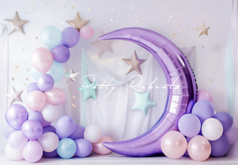 Kate Cake Smash Purple Moon White Curtain Colorful Balloon Arch and Star Wall Backdrop Designed by Patty Robert