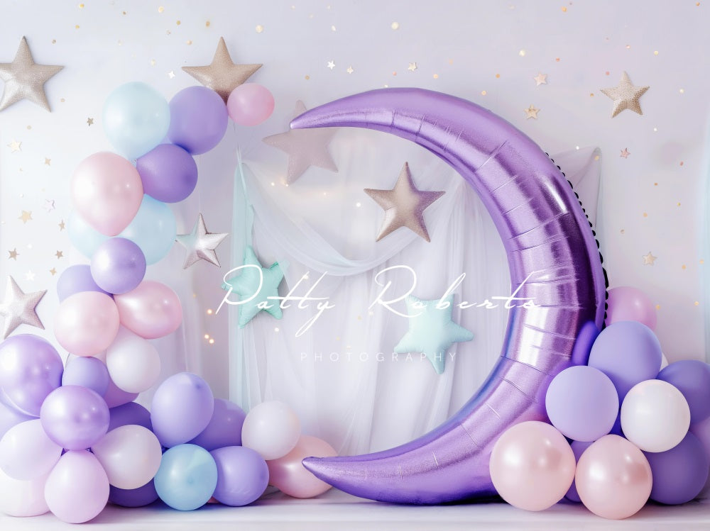 Kate Cake Smash Purple Moon White Curtain Colorful Balloon Arch and Star Wall Backdrop Designed by Patty Robert