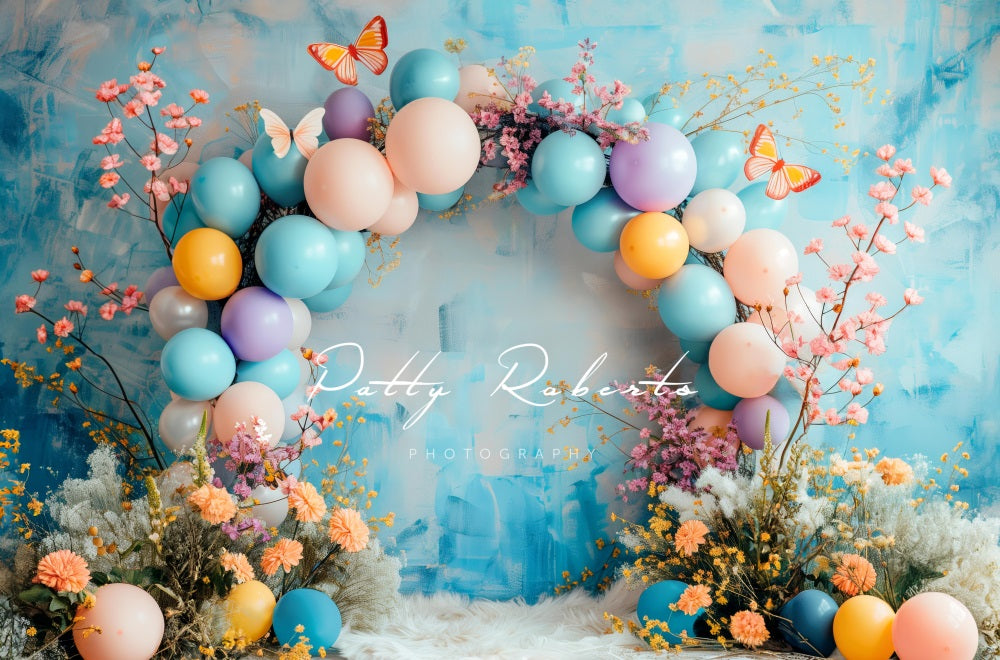 Kate Spring Boho Fine Art Floral Colorful Balloon Arch Butterfly Blue Gradient Wall Backdrop Designed by Patty Robert