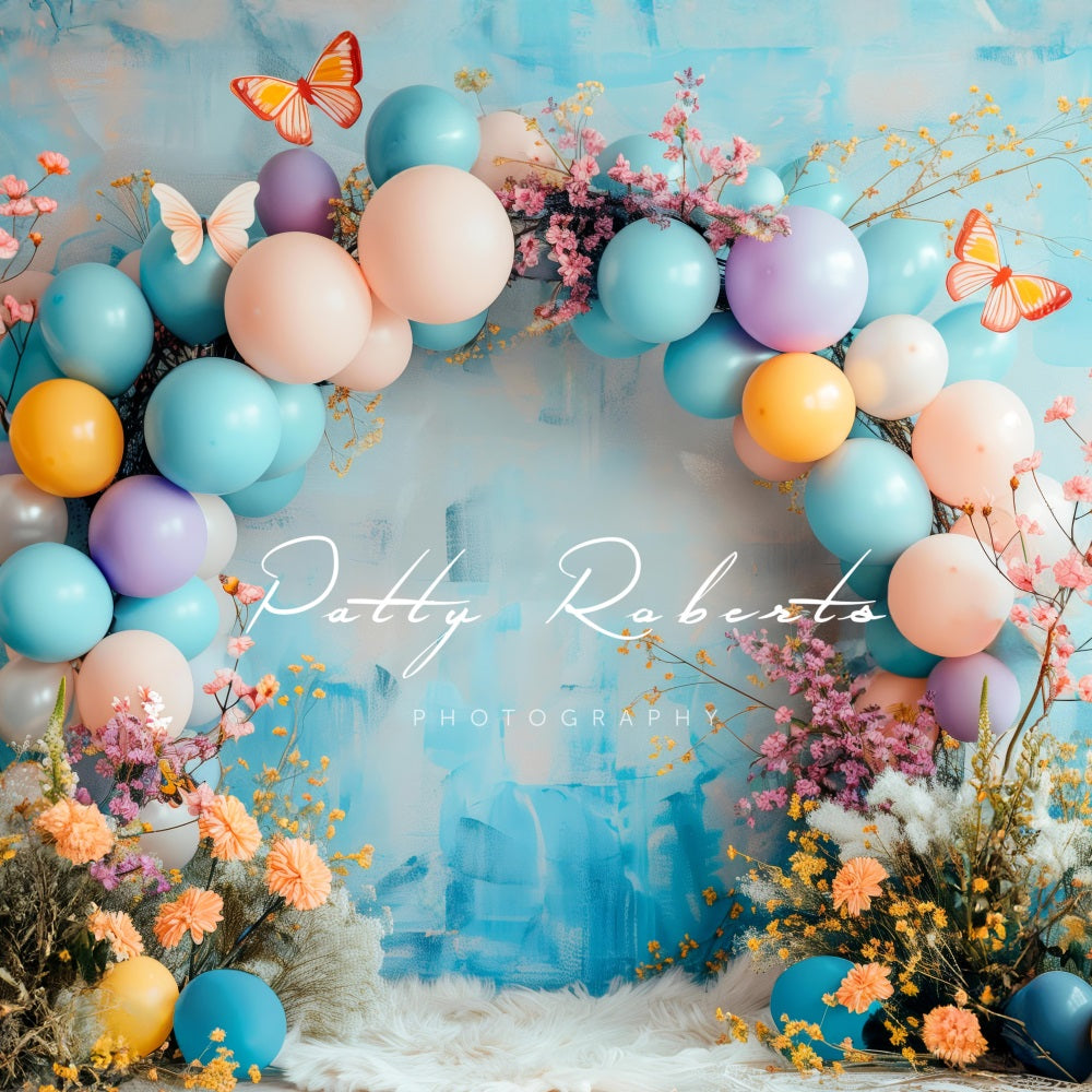 Kate Spring Boho Fine Art Floral Colorful Balloon Arch Butterfly Blue Gradient Wall Backdrop Designed by Patty Robert