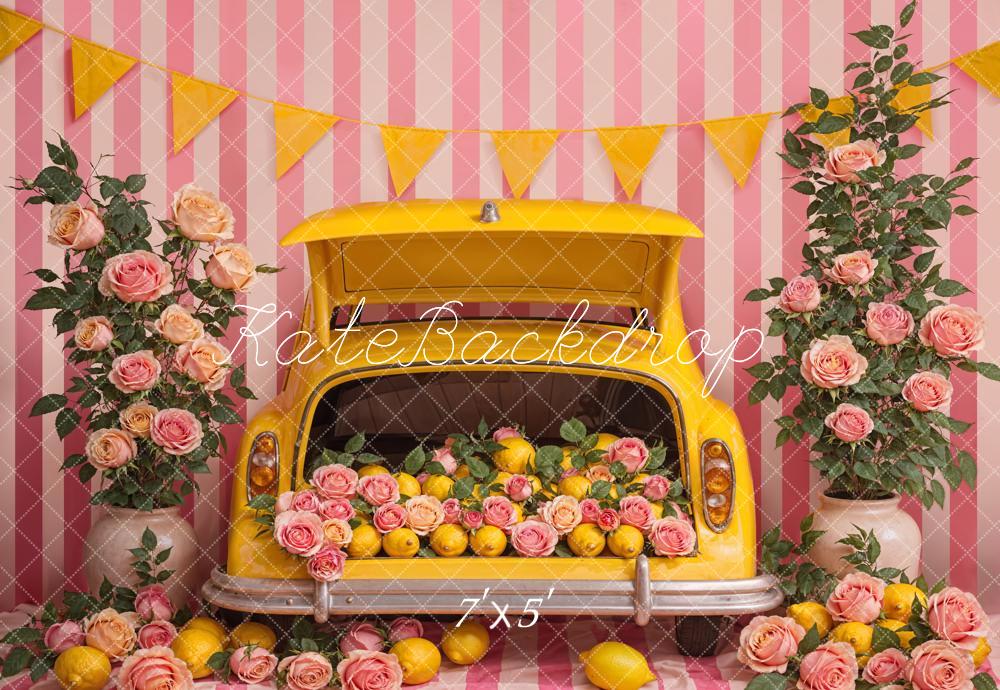 Kate Summer Pink Flower Lemon Yellow Car Striped Wall Backdrop Designed by Emetselch