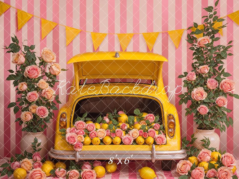 Kate Summer Pink Flower Lemon Yellow Car Striped Wall Backdrop Designed by Emetselch