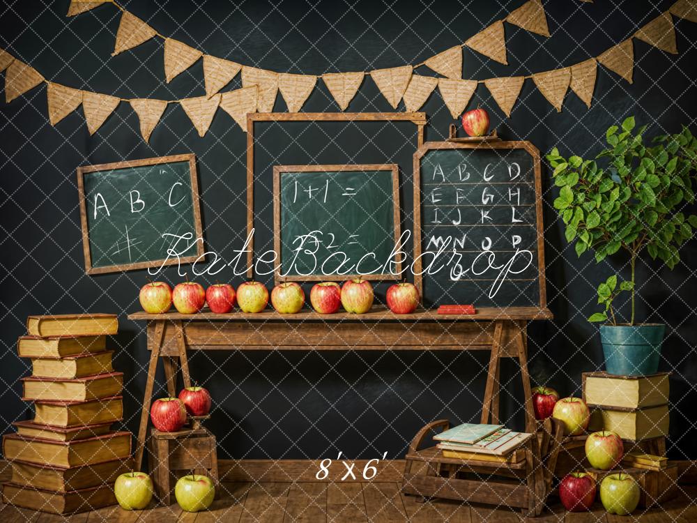 Kate Back to School Green Plant Book Apple Chalkboard Black Wall Backdrop Designed by Emetselch