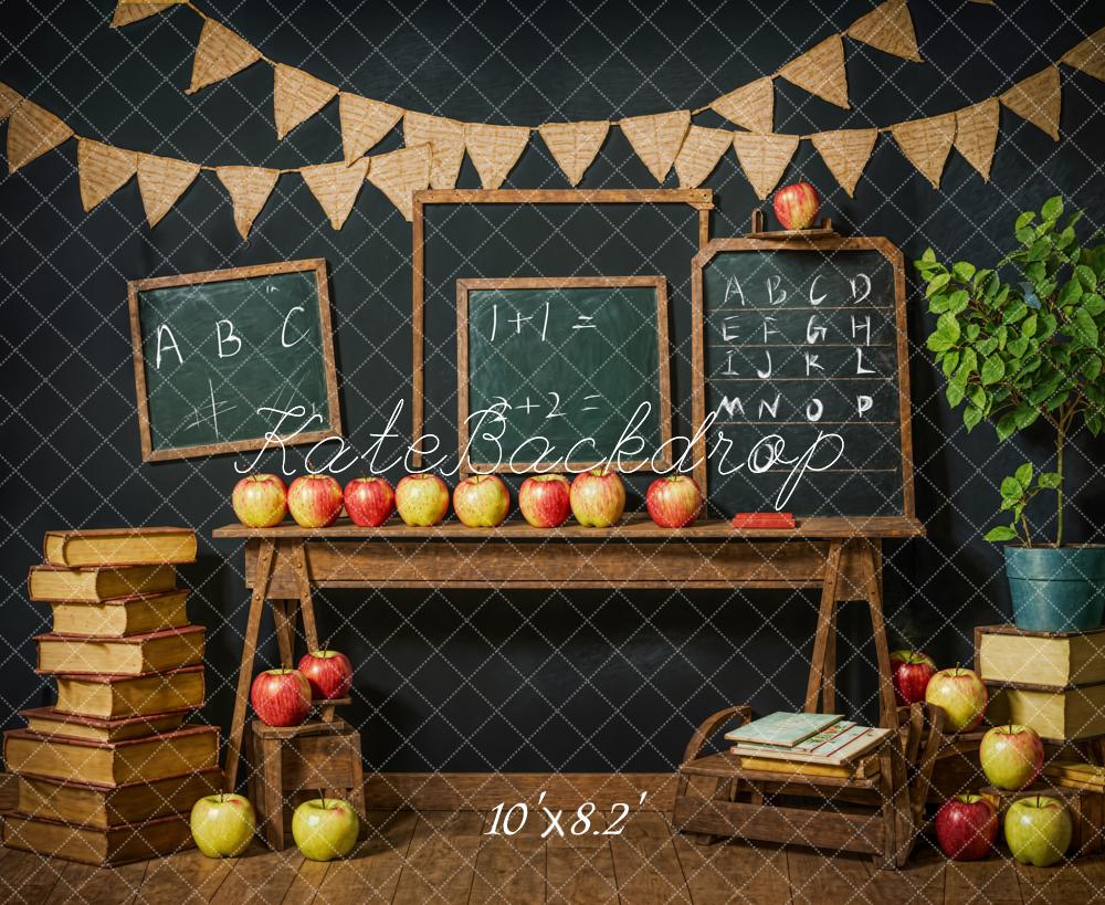 Kate Back to School Green Plant Book Apple Chalkboard Black Wall Backdrop Designed by Emetselch