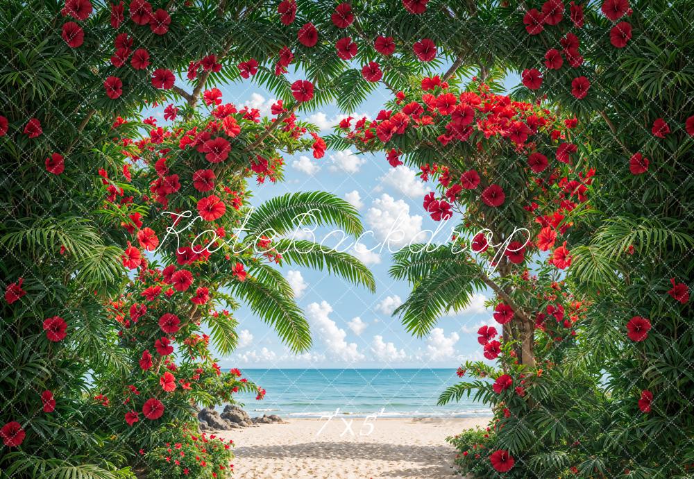 Kate Summer Sea Beach Green Plant Red Flower Arch Backdrop Designed by Emetselch