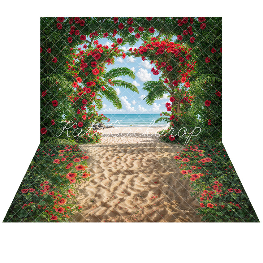 Kate Summer Sea Beach Green Plant Red Flower Arch Backdrop+Summer Sea Red Flower Beach Backdrop