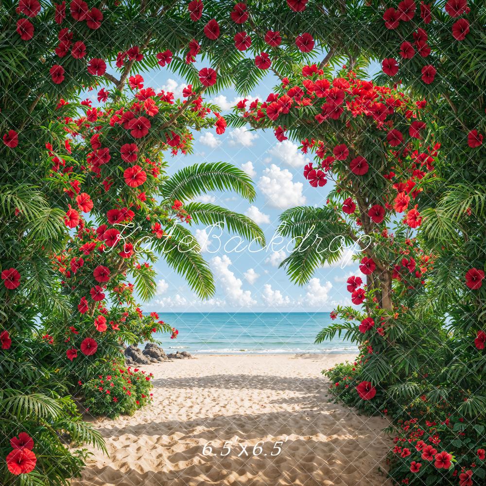 Kate Summer Sea Beach Green Plant Red Flower Arch Backdrop Designed by Emetselch